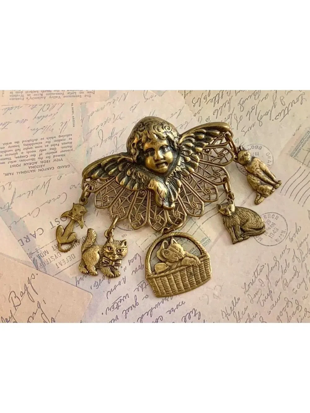 Vintage Angel & Cats Dangle Brooch Antiqued Brass Cherub Feline Charms Victorian